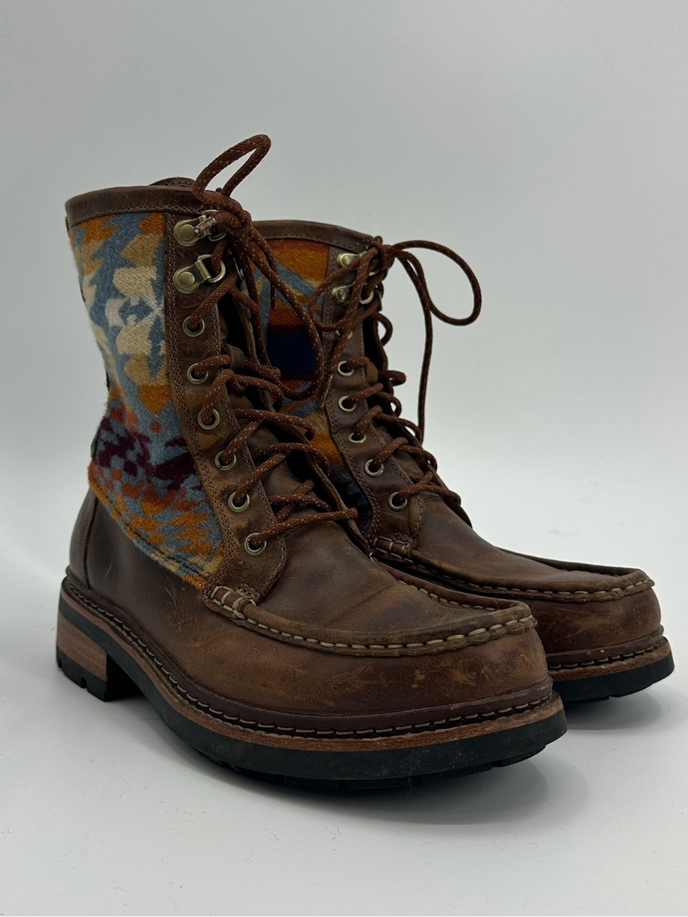 Pendleton x Clark’s Brown Leather Lace-Up Boots with Multicolor Textile Details
